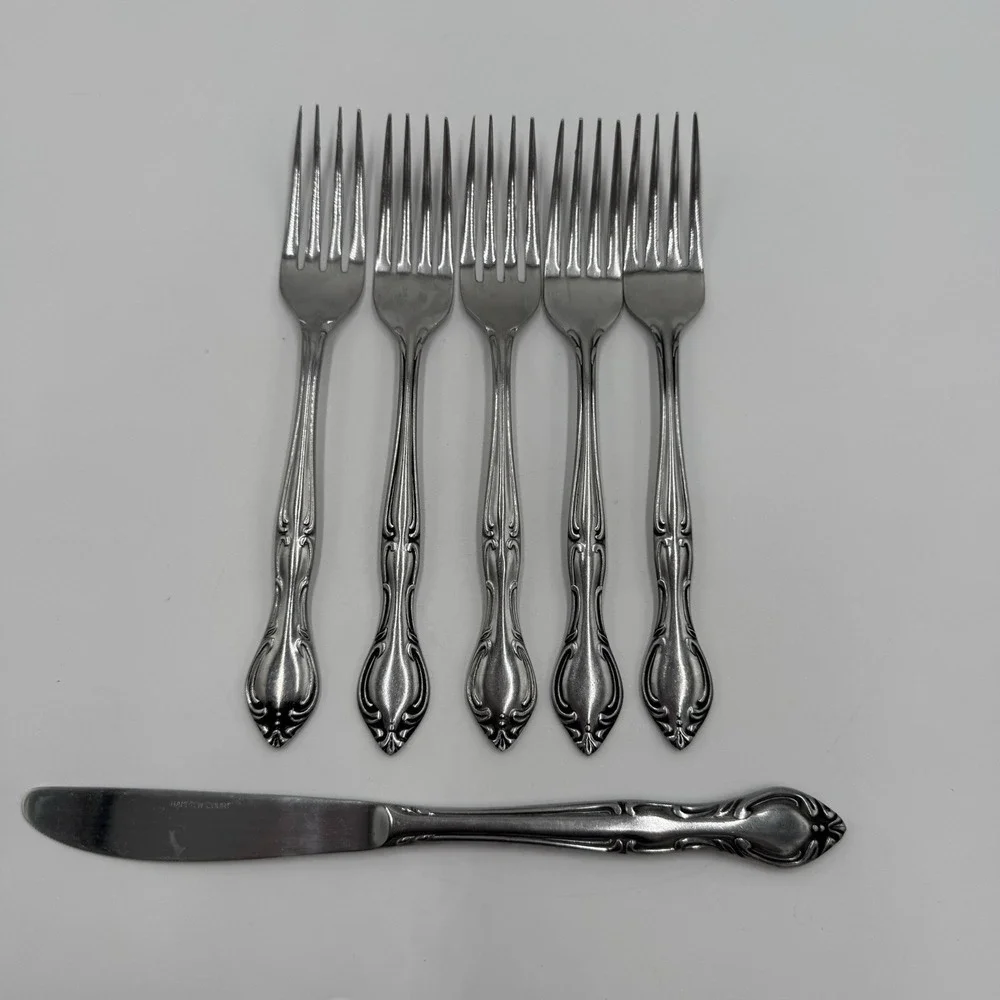 Hampton Court Stainless Japan Flatware 6 Pc Lot 5 Dinner Forks 1 Knife Vintage